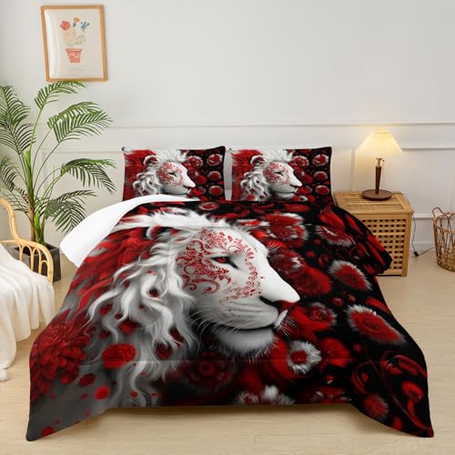 Image of Red and Black Lion Full Size Comforter Set for Men,Full Size Quilt Bedding Set Floral,Wild Animal Print Comforter Set,with 1 Comforter with 2 Pillow Case