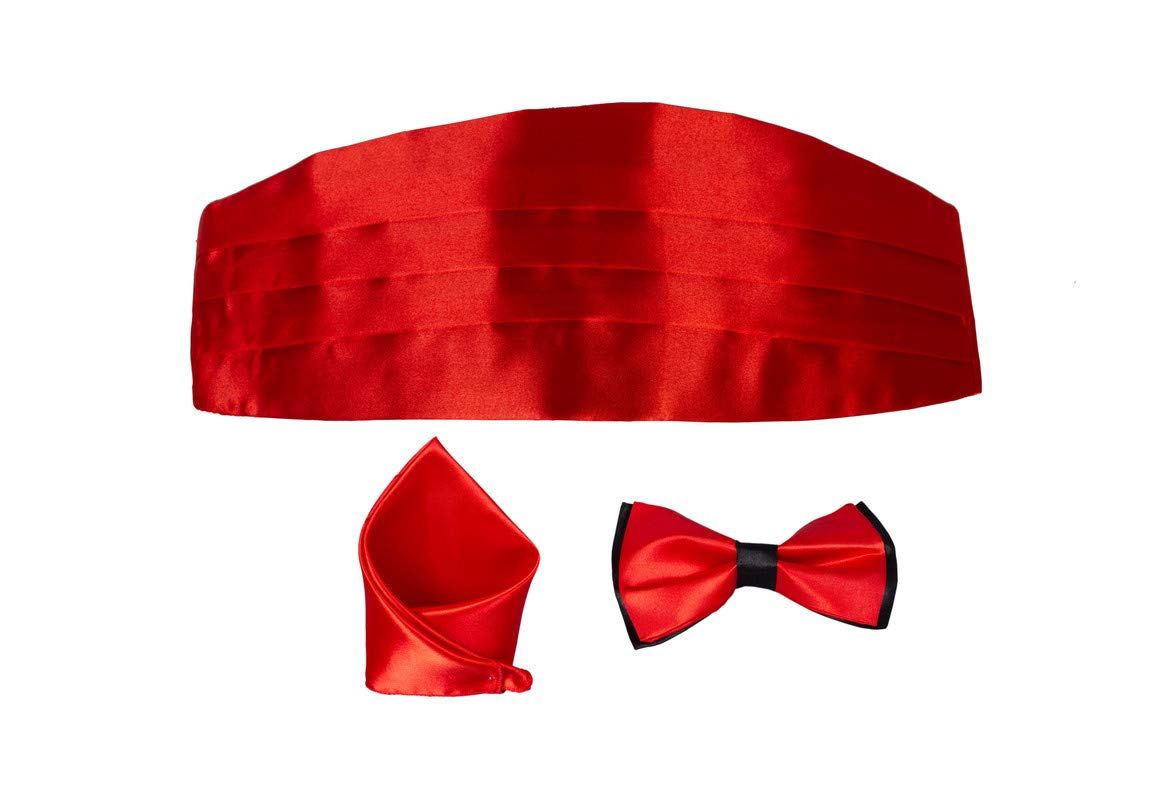 Men's Satin Cummerbund with BowTie and Pocket Square (Red,Free Size)