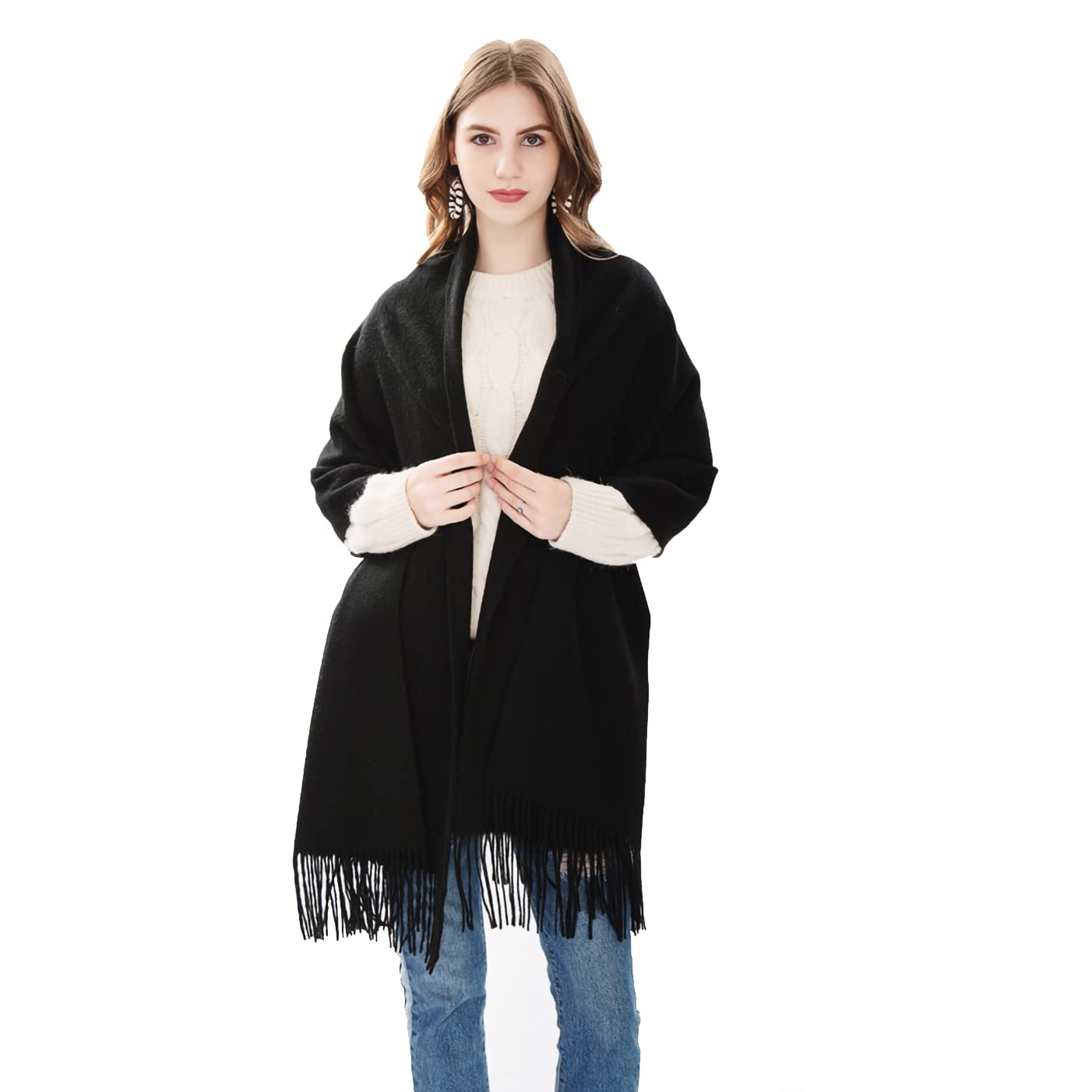 Bufanda de cachemira 100 % pura, bordes con flecos, unisex de gran tamaño, cálida y suave, colores lisos/cuadros