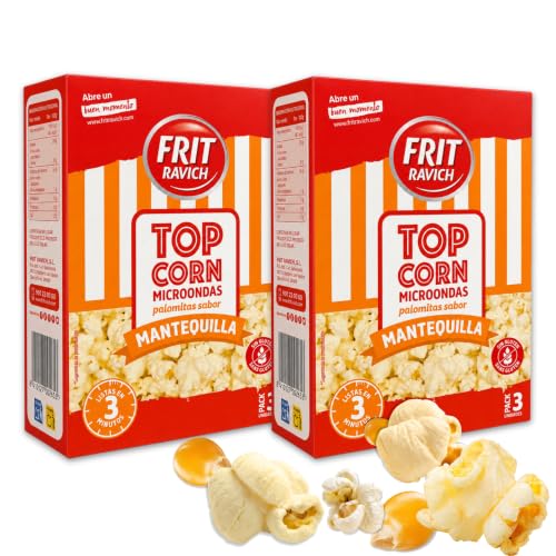 Palomitas sabor Mantequilla Microondas Frit Ravich, Palomitas de maíz, Elaboradas con maíz especial para palomitas, grasa vegetal de palma y sal, Sin gluten, Vegano, Pack 6 Unidades de 90 gr