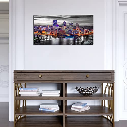 Pittsburgh Skyline Wall Art For Living Room Pennsylvania Cityscape Pictures Decor Black And White Canvas Prints City Night Skyscraper Panorama Poster Modern Home Office Artwork Decorations 20X40” #TOP5