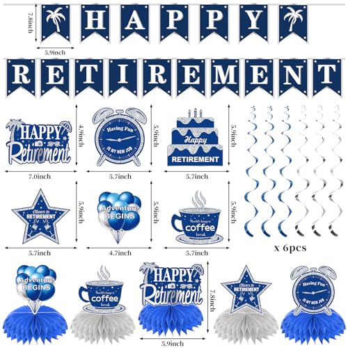 Image of Kuxriox 20PCS Retirement Party Decorations Kit for Men, Blue Silver Retirement Backdrop Balloons Honeycomb Centerpiece Swirl Paper Pompoms Party Supplies, Retired Sash Table Topper Swirls Set