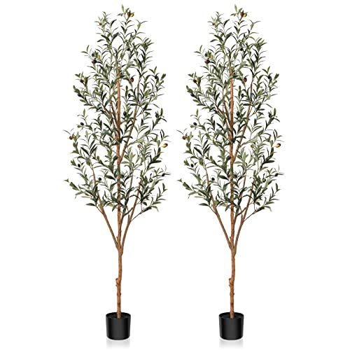 Image of Kazeila Artificial Olive Tree 6FT Tall Faux Silk Plant for Home Office Decor Indoor Fake Potted Tree with Natural Wood Trunk and Lifelike Fruits, 2 Pack