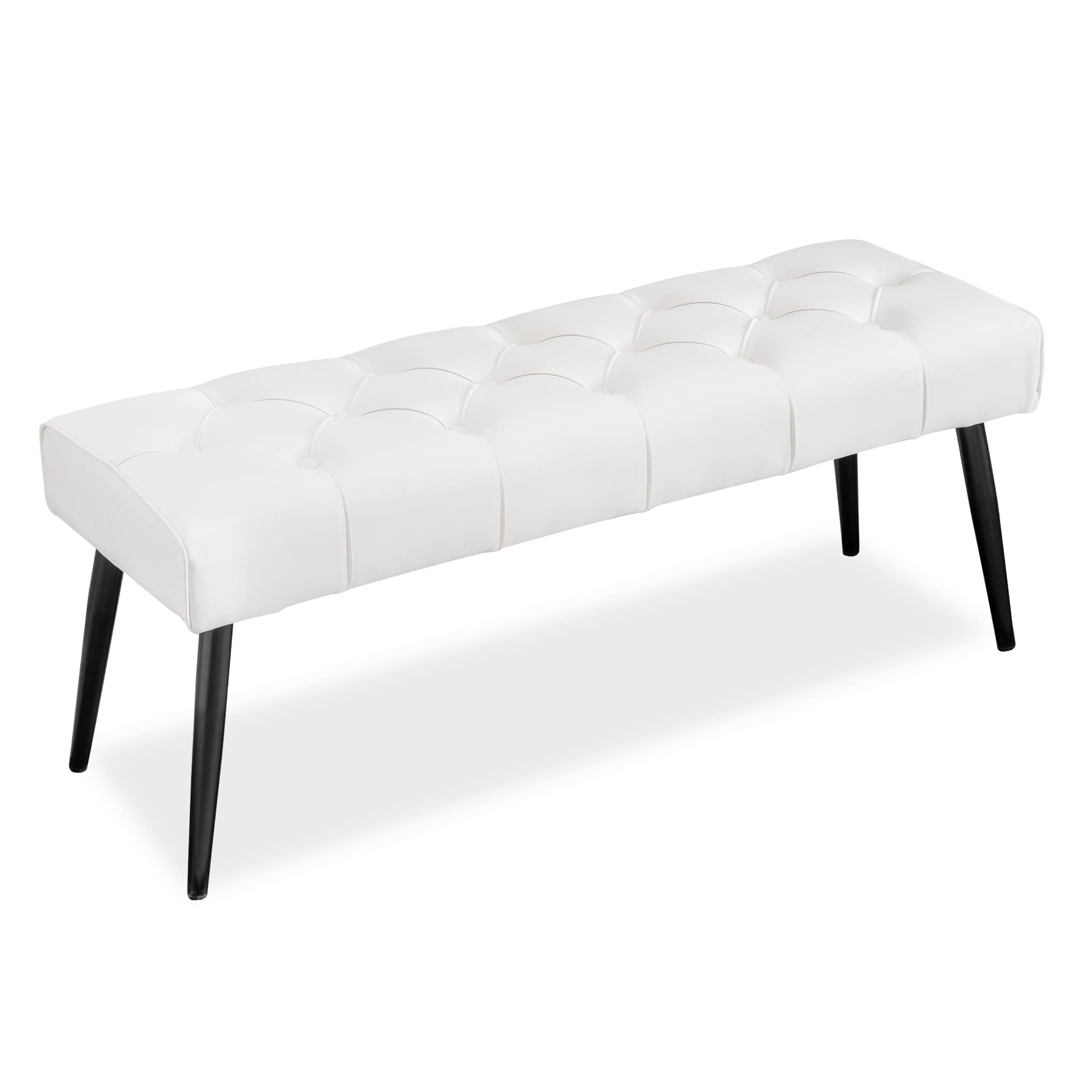 LUE BONA Button-Tufted Ottoman Bench, 44.5'' Litchi Stria Faux Leather Upholstered Bedroom Bench, Padded Entryway Bench, End of Bed Bench with Metal Legs, for Decorative, Living Room, White