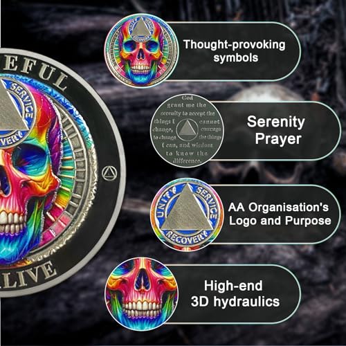 Colourful Skull Sobriety Coin Sobriety Chip Alcoholics Anonymous Medallion AA Chips and Medallion Serenity Prayer Coin Recovery Coins Anniversary Token Sober Gifts for Men Women - Image 4
