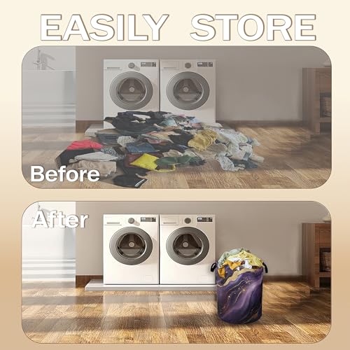 Image of Purple Gold Marble Laundry Hamper,Modern Abstract Collapsible Laundry Baskets,Waterproof Oxford Cloth Laundry Room Organization for Bedroom,Bathroom,Nursery,16x20 Inch