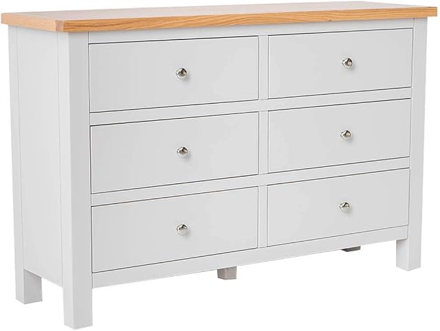RoselandFurniture Farrow Grey Large Chest of Drawers with Oak Top | Contemporary Wide Painted Solid Wooden Bedroom Chest of 6 Drawers | Fully Assembled 78 x 120 x 36 cm