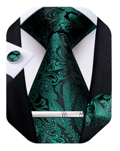 Image of DiBanGu Silk Floral Ties for Men Woven Paisley Necktie and Tie Clip Handkerchief Cufflinks Set for Party Wedding