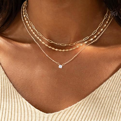 ASCOMY Layered Necklaces for Women Gold Necklace 14K Gold/Silver Plated Pendant Necklace Layered Cross Necklace Paperclip Rope Bead Box Satellite Dot Chain Necklaces Gold Choker Trendy Jewelry Gift3
