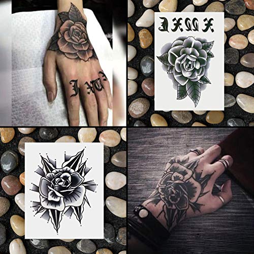 Oottati Waterproof 9 Sheets Back Of Hand Fake Temporary Tattoo Stickers - Black Gothic Flower Rose #TOP1