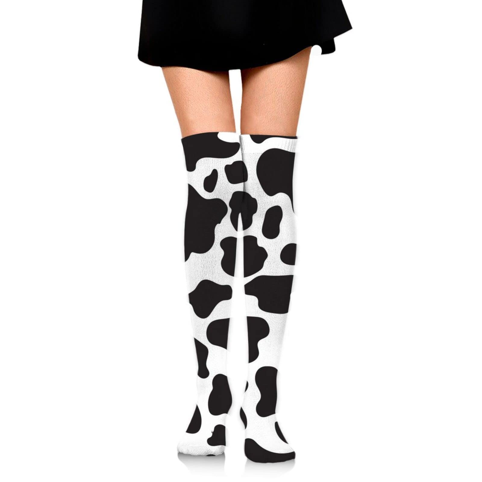TIETIE Fashion Casual Black And White Milk Cow Print (2) Over The Knee Boot Socks Winter Warm Thigh High Cotton Dress Socks Soft Leg Warmers for Women