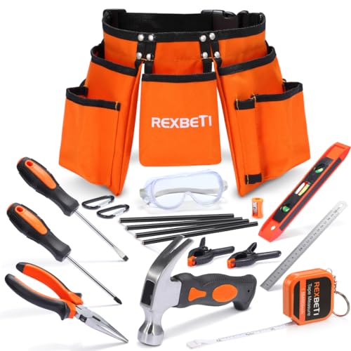 REXBETI 18pcs Young Builder's Tool Set with Real Hand Tools, Reinforced Kids Tool Belt, Waist 20´´-32´´, Kids Learning Tool Kit for Home DIY and Woodworking