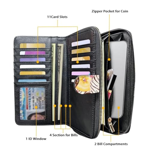 Image of COEQINE Ladies Wallets Pink Leopard Heart Black Printed Leather Phone Long Clutch Purses Check Coin Change Holder