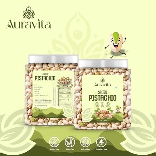 Image of Auravita Premium Roasted & Salted Pistachios 1KG | Crunchy & Flavorful Pista Dry Fruit | Resealable Jar | High in Protein & Fiber | Ideal for Snacking, Gifting & Recipes