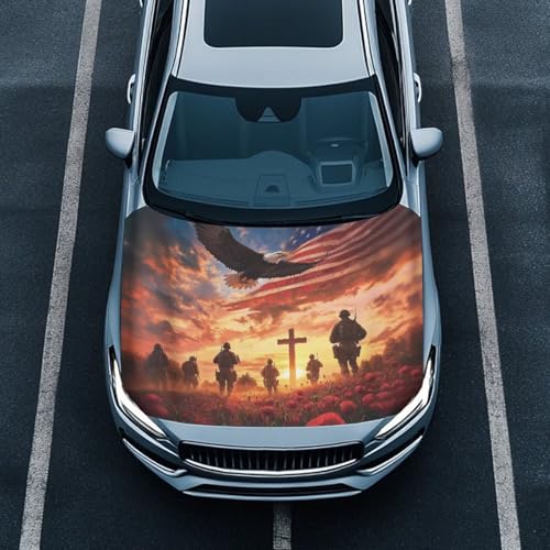 Image of Car Hood Cover Protector USA Flag Design Car Hood Wrap Blankets Veterans Day Decorations Automotive Patriotic Decorative Accessories for Compact Sedans SUVs Pickups Trucks