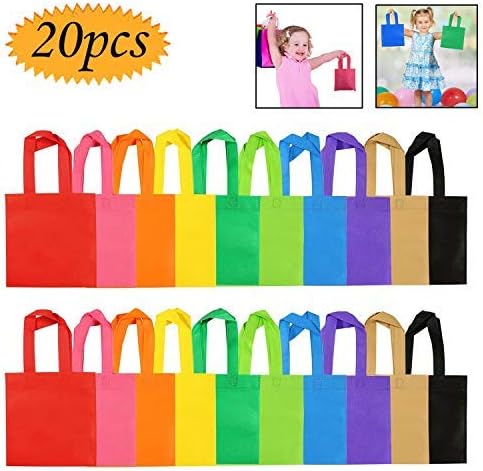 bluesees Non-woven Party Bags, 20 Pack Gift Bag Tote Bags Party Goodie Treat Bag Rainbow Colors Grocery Bag with Handles For Party Favor , 8 by 8 Inches, 10 Colors