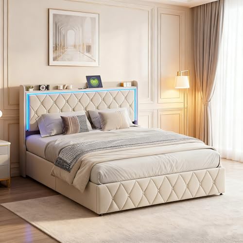 LIVLUX Lit Coffre 140 x 190 cm avec LED et Prise USB, Lit Double rembourré avec Rangement hydraulique et sommier à Lattes, lit 2 Personnes pour Adultes et...