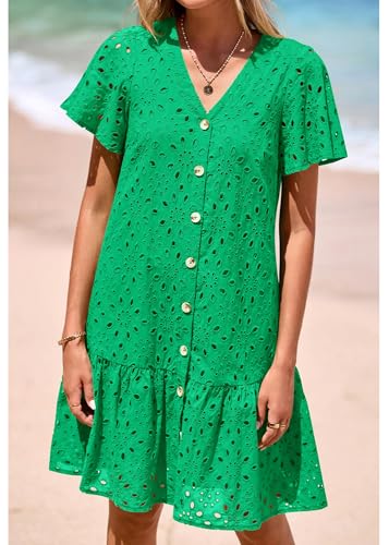 Image of KIRUNDO Eyelet Dresses for Women Button Down Mini Babydoll | 2026 Summer Short Sleeve Boho Sundress, Loose Fit V Neck Short Dress With Pockets, A Line, Cruise Beach Vacation Outfits