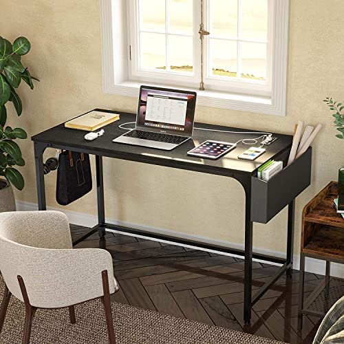 Image of 47 inch Computer Desk with Power Outlet, Home Office Desktop Table with USB Ports & Socket with Side Storage Bag & Iron Hooks (Black)