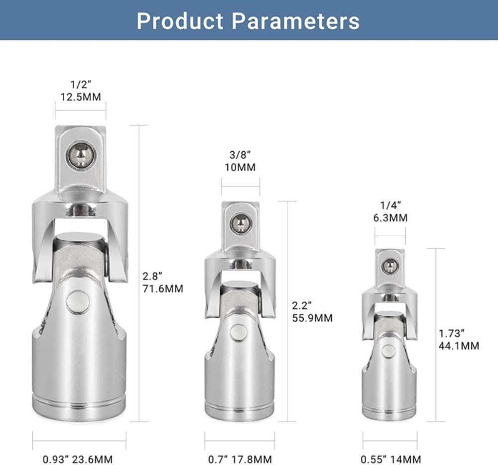 3 PCS Swivel Socket Adapter Set, Premium CR-V Universal Joint Impact Socket Adapter, 1/4" 3/8" 1/2" Drive Wobble Extension Set