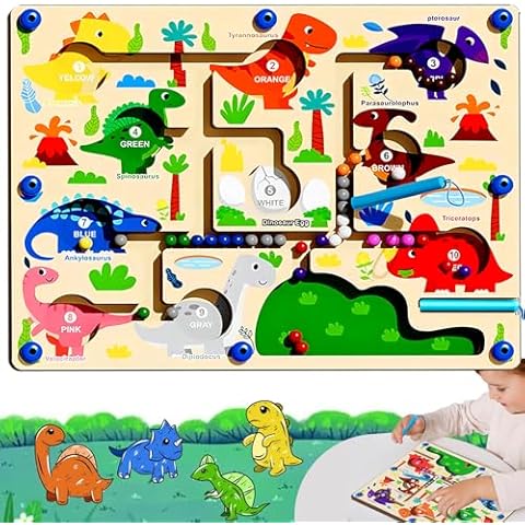 IOOZ Magnetic Color and Number Maze, Montessori Toys Dinosaur Animal Puzzle Activity Wooden Board, Toddler Puzzle Counting Matching Toys for 3.4.5.6.7+ Years Kids Cover