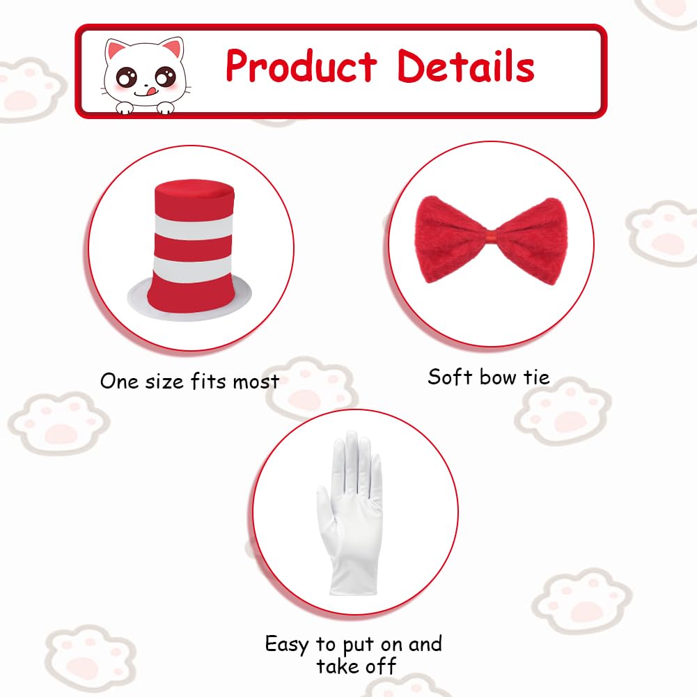 AUYAO Adult Child Halloween Crazy Cat Fancy Dress Costume 3 Pcs Set including White Gloves Red Bow Tie Red And White Striped Hat World Book Day Cat in the Hat Accessory - Image 3
