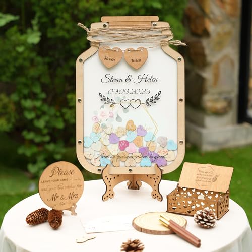Customizable Wedding Guestbook Alternative, Personalize Guest Book For Wedding Rustic - Personalized Mason Jar Alternative Wooden Hearts for Guest Book