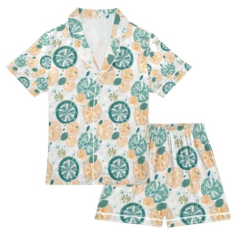 senya Green Orange Lemon A Satin Summer Pajama Sets Silk Short Sleeve Button Down Sleepwear
