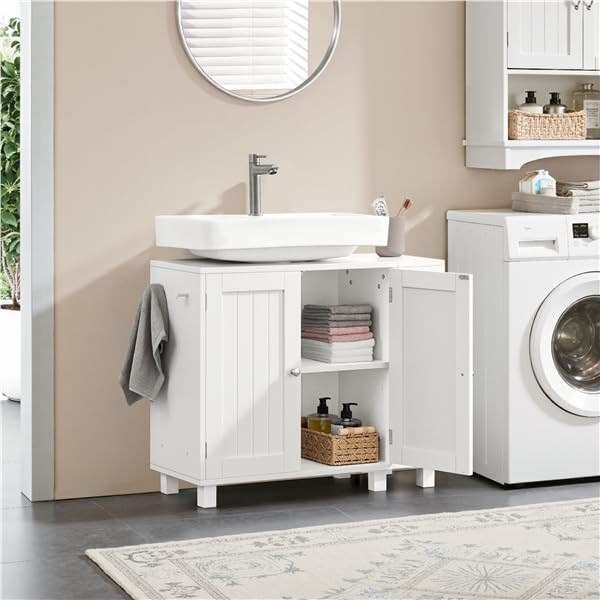 Yaheetech Waschbeckenunterschrank, Unterschrank, Badezimmerschrank mit 2 Türen, rechts oder Links austauschbar, Badschrank, höhenverstellbare Ablage, Weiß, 75x30x62 cm
