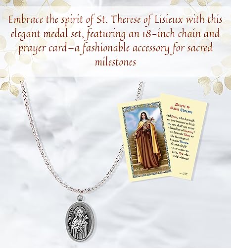 St Therese Of Lisieux Medal-St Therese Medal with 18 Inch Chain and St Therese Lisieux Prayer Card | Fashionable St Teresa Of Lisieux Medal Set for Baptism, Confirmation, First Communion | 2 Items2