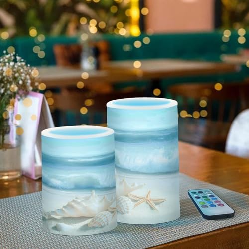 Image of Flickering Flameless Candles, Shells Summer Sandy Beach LED Candles with Remote Timer, Set of 2 Battery Operated Candle for Valentine Wedding Birthday