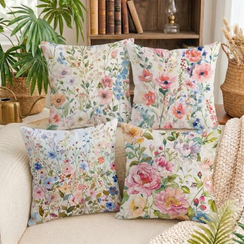 Housse de coussin 65x65cm lot de 4 rose fleur en lin imperméable C-O116