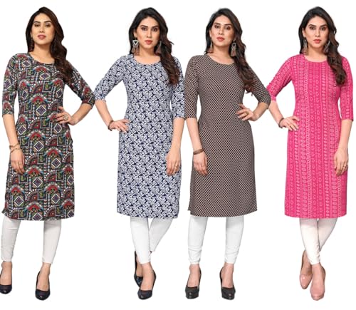 Image of JAKHANA Women's Crepe Printed Casual Straight Calf Length Round Nick Kurta Pack of 4