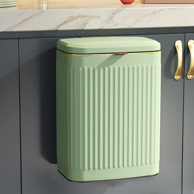 Hanging Trash Bin with Lid, 8 Liter Stainless Steel Garbage Can for Cupboard or Under Sink, Wall Mounted Kitchen Compost Bin Wastebasket for Bedroom, Bathroom, Office(Green)