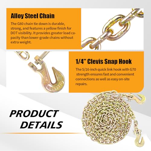 Image of 1 /4 inch Tow Chain | WLL 3,300 Lbs | 12FT High Strength Chain G80 Heavy Duty Log Chain with Clevis Grab Hooks for Towing | Trailer Transport Safety Chain for Truck Tie Down Binding Equipment