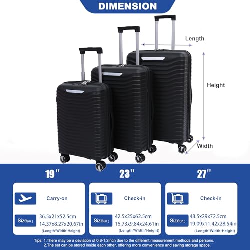 2303BLack Hardside Luggage Sets 3 Pieces, Expandable Luggages Spinner Suitcase with TSA Lock Lightweight Carry on Luggage 19inch 23inch 27inch2