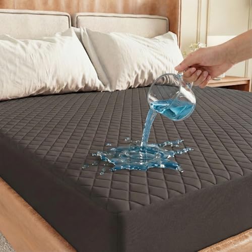 Lukzer 100% Waterproof Quilted Mattress Protector with Ultra Soft Surface 72x48 Inches Dark Brown Double Bed Breathable Noiseless Washable Hypoallergenic Bed Cover with Deep Pocket Skirt - MTP-QDB-002