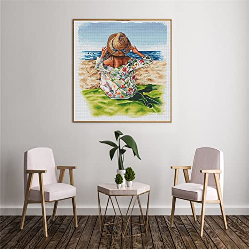 cukol cukol Girl Sit Beach Cross Stitch Kits for Adults Easy Counted Pre Printed Stamped Cross Stitch Kits for Adults Beginners UK 11ct 11 Count Modern Advanced Embroidery Crossstitch Set 46x51 cm - Image 3