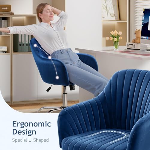 Image of AZAKEE Velvet Office Chair with Wheels & Armrests - Mid-Back Swivel Desk Chair for Home Office, Study, Bedroom & Vanity - Adjustable Height, Comfortable & Stylish (Blue)
