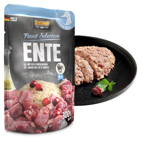 BELCANDO Frischebeutel [12x125g Ente mit Reis & Preiselbeeren] | Nassfutter für Hunde | Feuchtfutter Alleinfutter im Einzelportionsbeutel