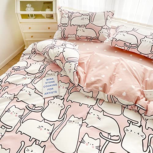 Meju Pink Cat Kitty Cute Adorable 100% Cotton Duvet Cover Set Blanket 60" X 80" Throw Cover With Zipper Closure For Kids Boys Girls Twin Bed Decoration Gift (Pink Cats, Twin 59" X 78") #TOP1