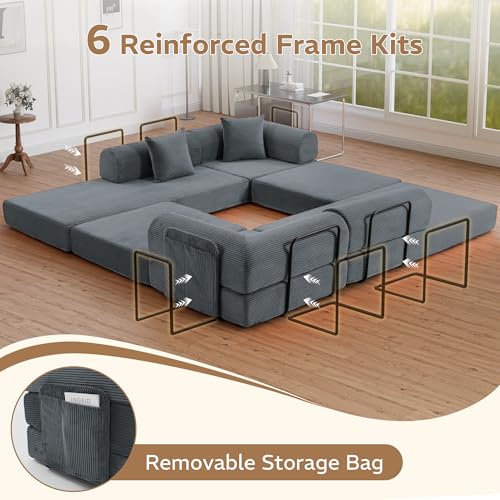 Image of 141.73'' U-Shaped Sectional Sofa Bed, 6-in-1 Modular Corduroy Couch with Soft Cloud-Like Feel, Removable Storage Bag, Anti-Pilling Fabric, Tool-Free Assembly, for Living Room, Grey