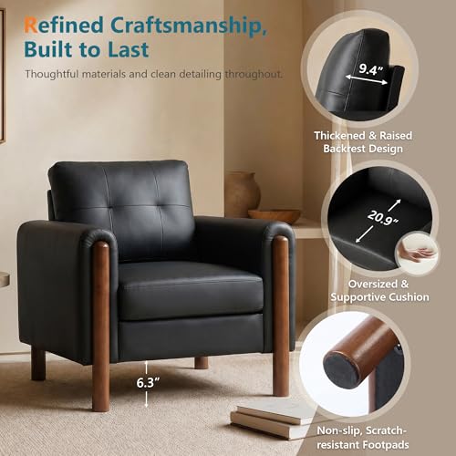 Image of STHOUYN 35 inch Black Leather Oversized Accent Chair Set of 2 with Wood Armrests, Mid-Century Modern Tufted Living Room Chair, Comfy Reading Sofa Chair Lumbar Support Thick Cushion Waiting Room Office