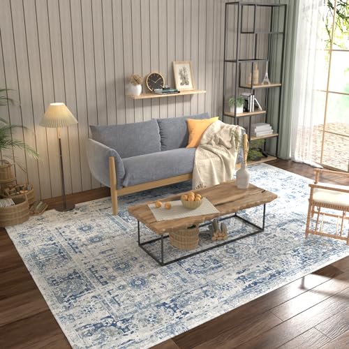 i-VTIES Area Rug 8'x10' Stain Resistant Washable for Living Room,Boho Vintage Distressed Large Area Rugs with Non-Slip Rubber Backing,Printed Home Carpet for Bedroom,Office,Dining Room,Blue