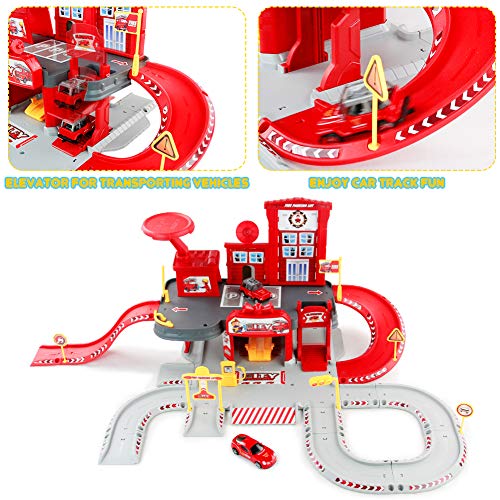 Fajiabao Fire Trucks Toy Garage Playset Race Track Cars Airplane Fireman Learning Toy Vehicle Indoor Party Games Family Assembly Parking Lot Station with Siren Lights Sounds for Kids - Thumbnail 5