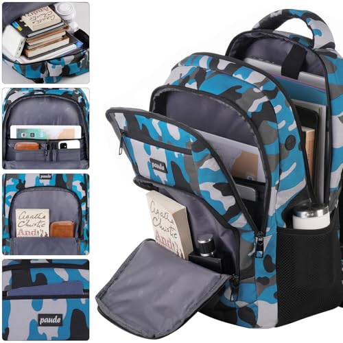 Image of Paude 17 inch Backpack for Men,College Backpack School Bookbag for Teens,Travel Laptop Bookbag with USB Port and Headphone Hole,Camouflage Blue