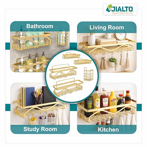 Image of JIALTO 5 in 1 Self-Adhesive Bathroom Organizer Combo - No Drill Wall Mounted Shelf Stand with Metal Racks, Toothbrush Holder, Soap Dish & Storage Tray - Multipurpose Bathroom Accessories (Golden)