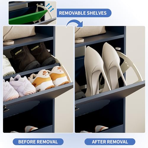 Image of Shoe Storage Cabinet with 2 Flip Drawers, Shoe Organizer Storage with Adjustable Shelves, Freestanding Hidden Slim Narrow Shoe Rack Cabinet for Entryway, Hallway