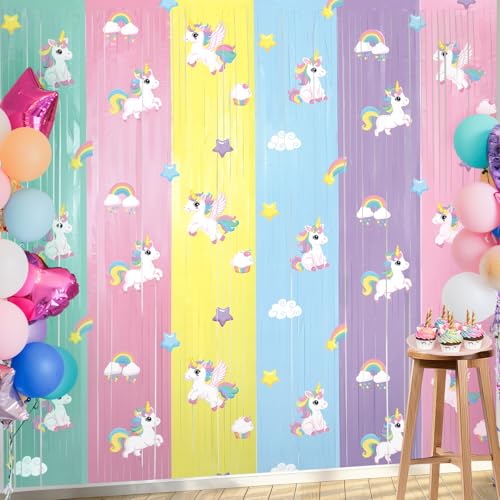 Image of Tiamon 2 Pack Unicorn Party Decorations 3.3 x 6.6 Ft Foil Fringe Curtains Pastel Rainbow Magical Horse Birthday Backdrop Tinsel Streamers Photo Booth for Unicorn Baby Shower Birthday Party Supplies