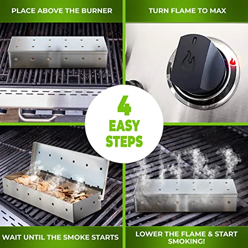 Kitchen Perfection Smoker Box Filled With Apple Wood Chips -Top Grill Smoker Box,Adds Delicious Smokey Flavor On Gas Grill/Charcoal Grills, Stainless Steel Bbq Grill Accessories Grill Master Gift #TOP4